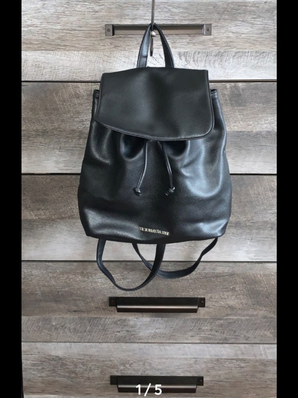 Victoria's Secret Black Faux Leather Drawstring Backpack